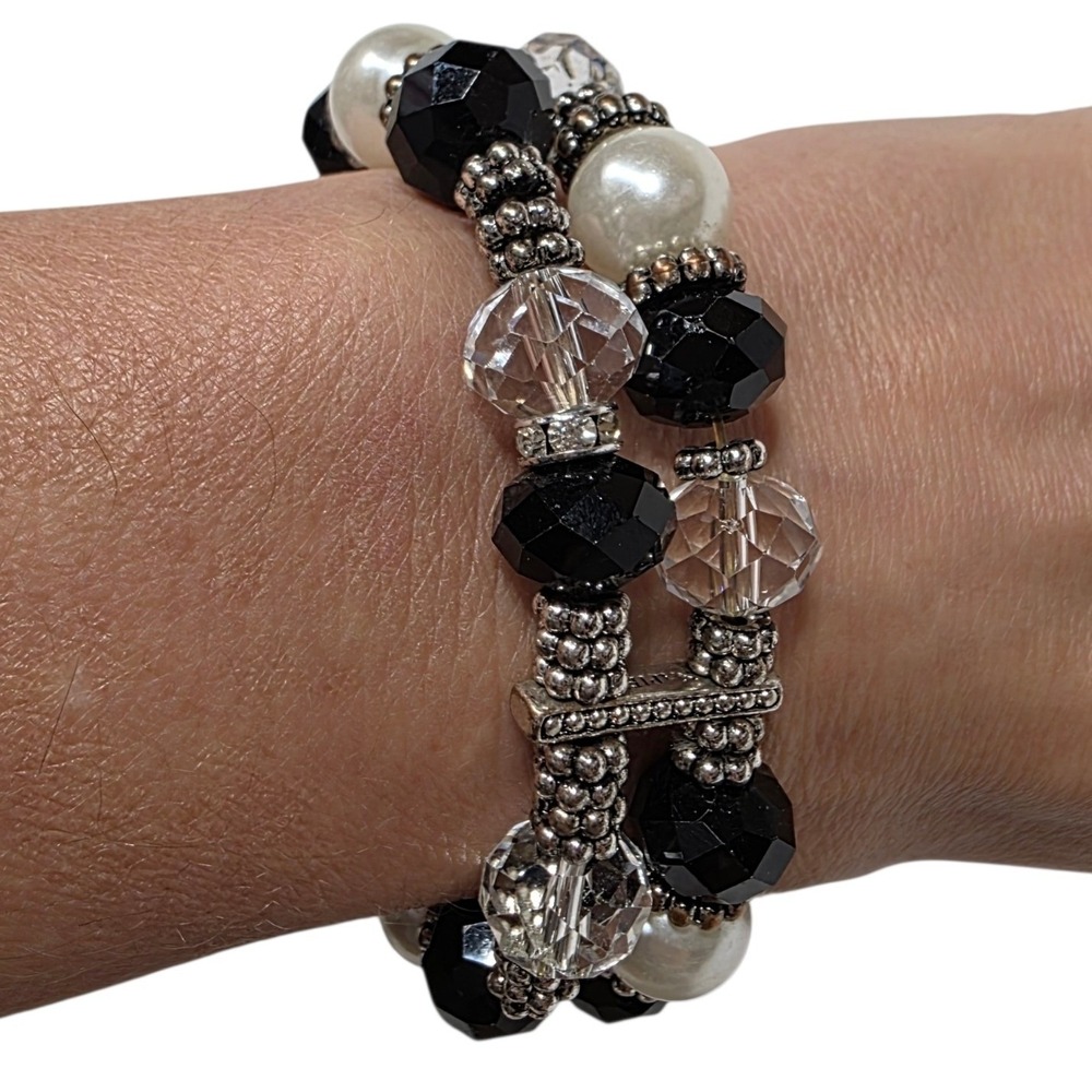 Unbranded Double Strand Bracelet Women OS Black White Faux Pearl Crystal Beaded